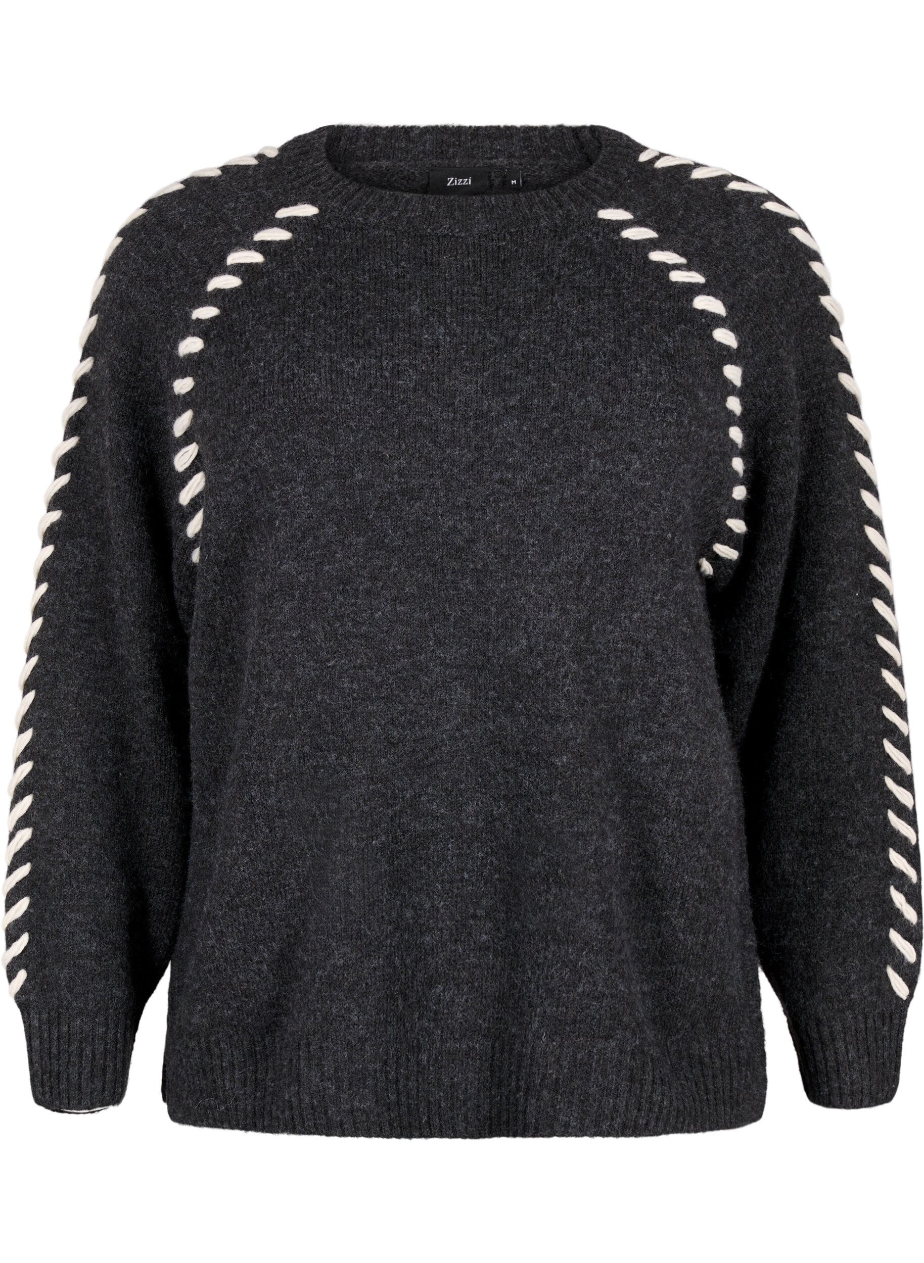 Zizzi Strikket bluse med dekors&oslash;mmer, Dark Grey White Mel., Packshot image number 0