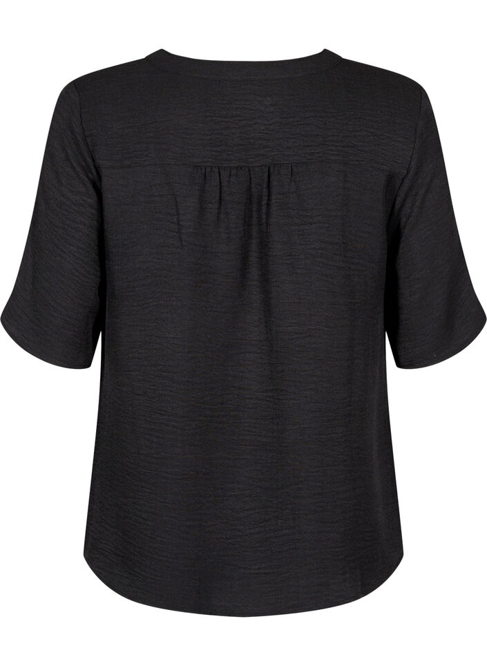 Skjortebluse med V-hals eog korte ermer, Svart, Packshot image number 1