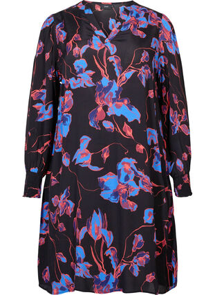 Blomstrete viskosekjole med V-hals, Blue Orange AOP, Packshot image number 0
