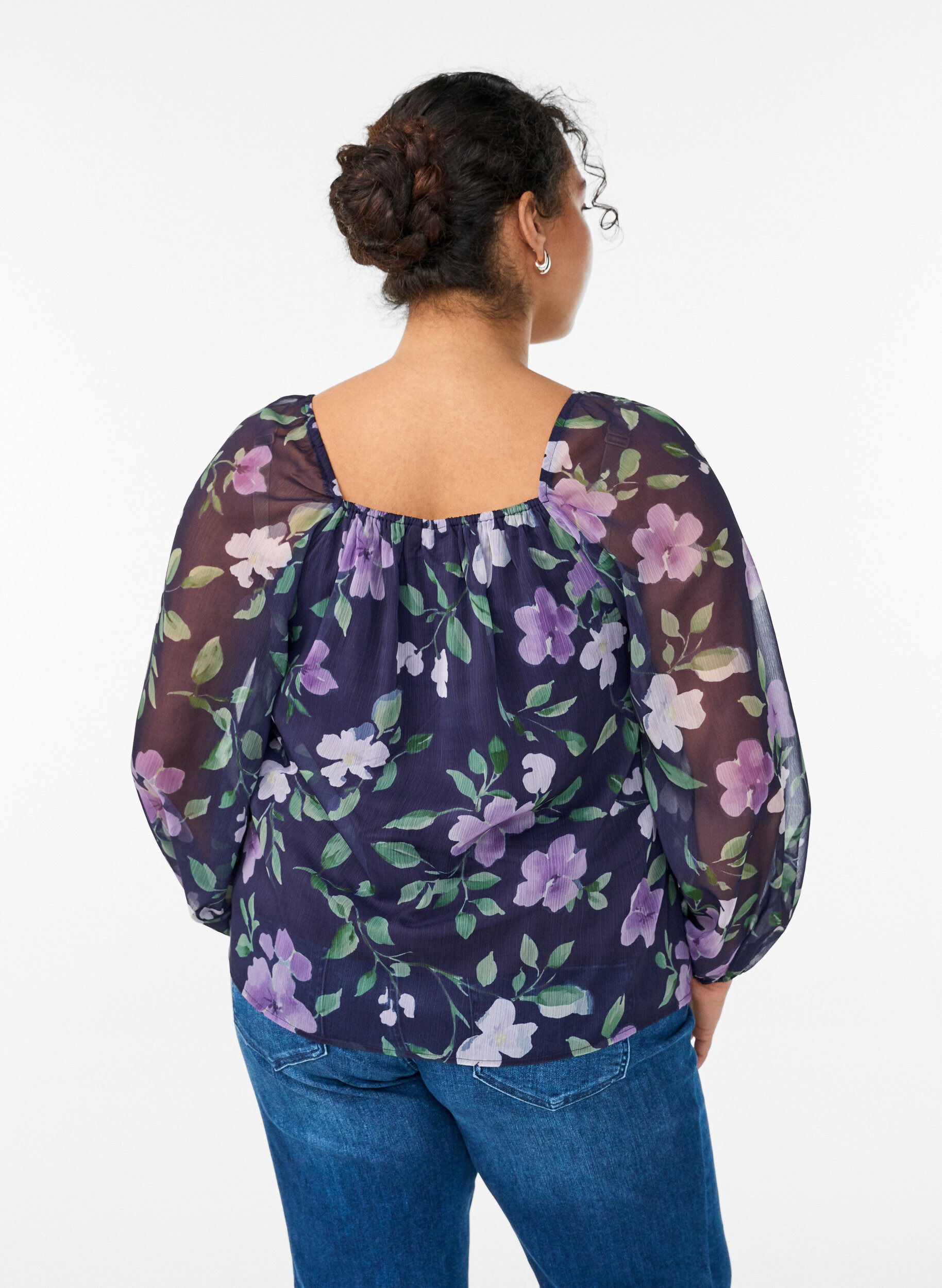 ZizziChiffonbluse med blomstertrykk og lange ermer, Bl&aring;, Model image number 2