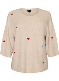 Strikket bluse med hjerter og 3/4-ermer, Beige