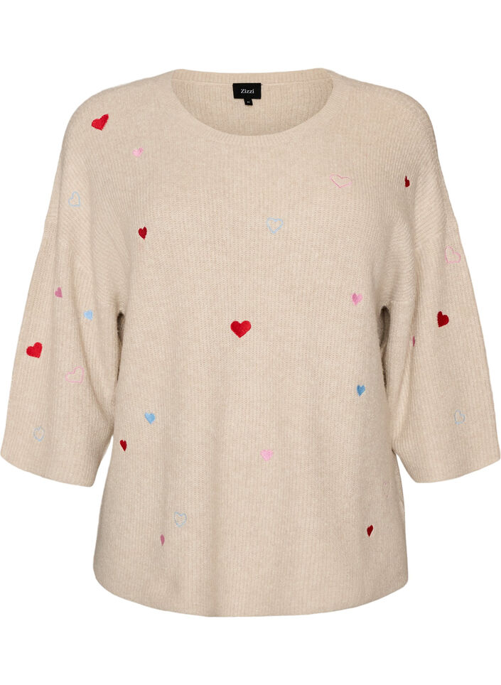 Strikket bluse med hjerter og 3/4-ermer, Beige, Packshot image number 0