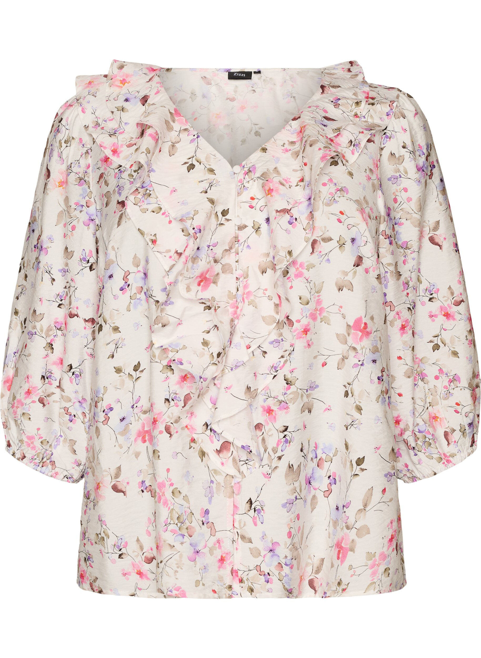 ZizziViskose bluse med blomstertrykk og 3/4 ermer, Vanilje, Packshot image number 0