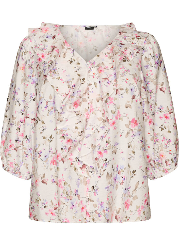 Viskose bluse med blomstertrykk og 3/4 ermer, Vanilje, Packshot image number 0