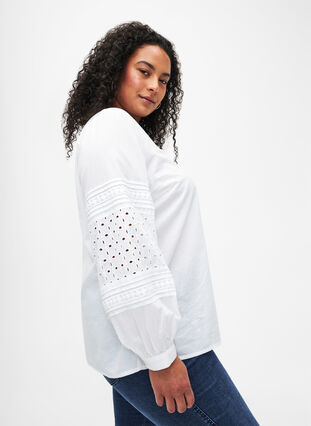 Bluse med lange ermer og dekorative detaljer, Bright White, Model image number 3