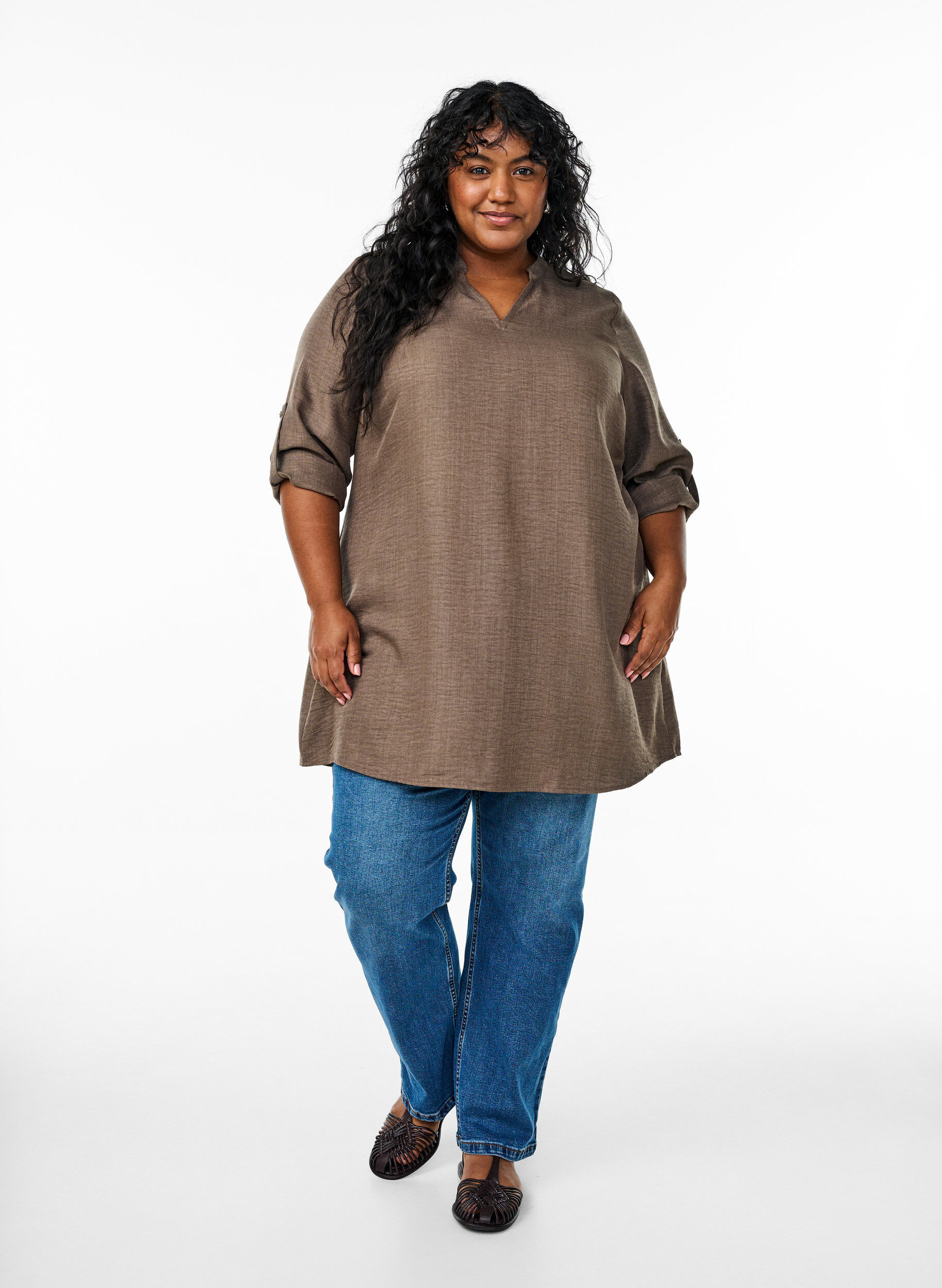 Zizzi Tunika med rund hals, Brun, Model image number 1