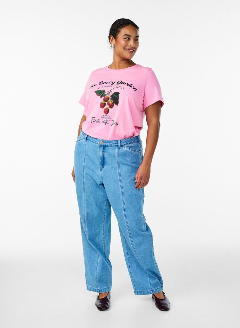 Bomulls T-skjorte med frukttrykk og tekst, Rosa, Model image number 1