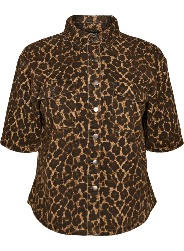Denimskjorte med leopardm&oslash;nster og korte ermer, Brun, Packshot image number 0