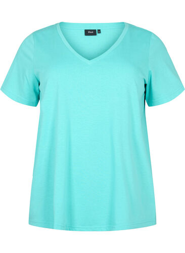 Kortermet T-skjorte med V-hals, Turquoise, Packshot image number 0
