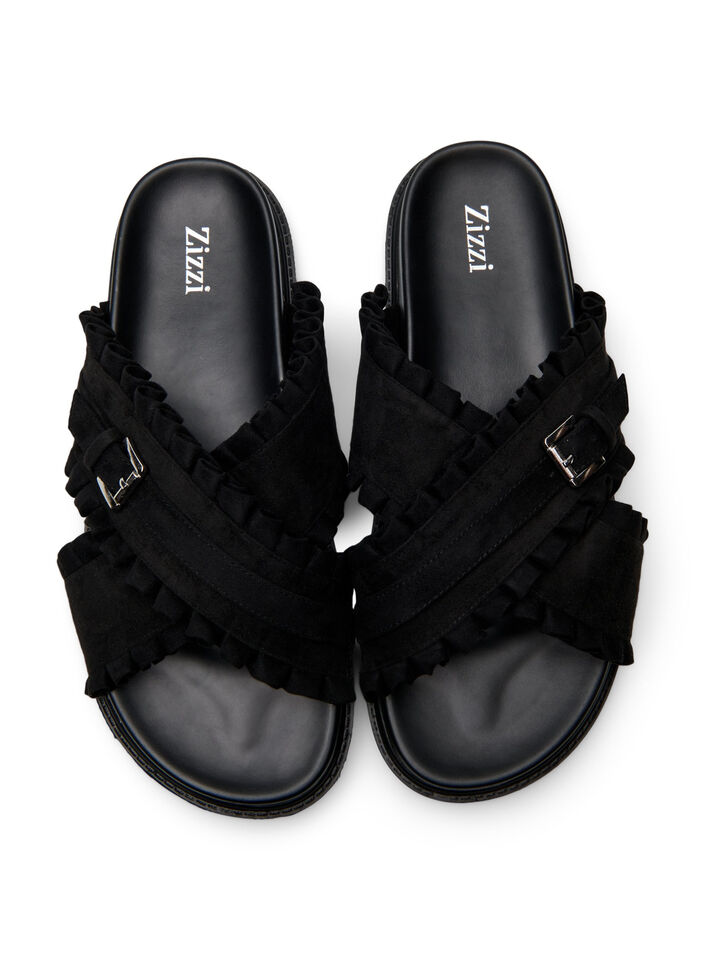 Wide fit - Slip-on sandal med volangkanter, Svart, Packshot image number 2