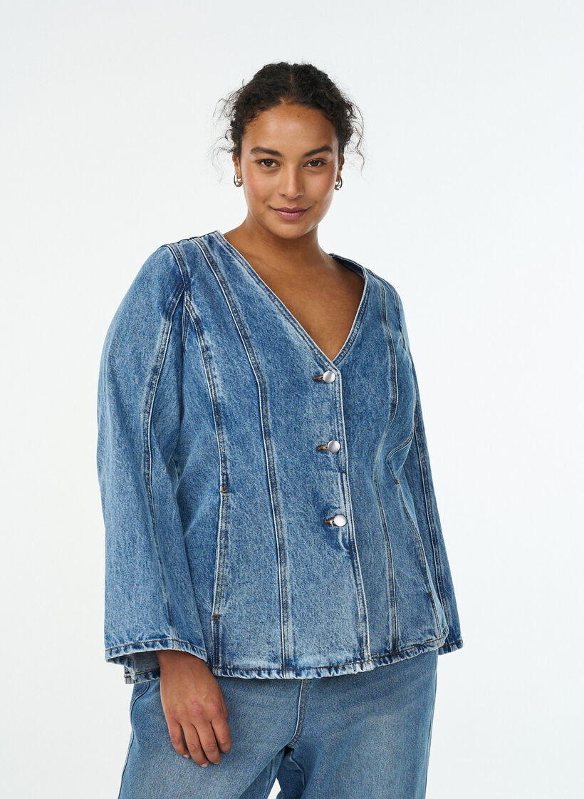 Denimjakke med formende s&oslash;mmer og V-hals, Bl&aring;, Model