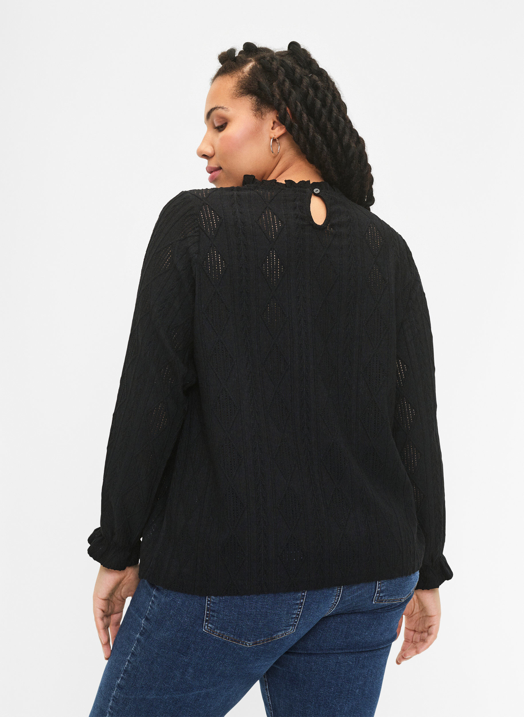 Zizzi Bluse med volanger og tone-i-tone-m&oslash;nster, Black, Model image number 1
