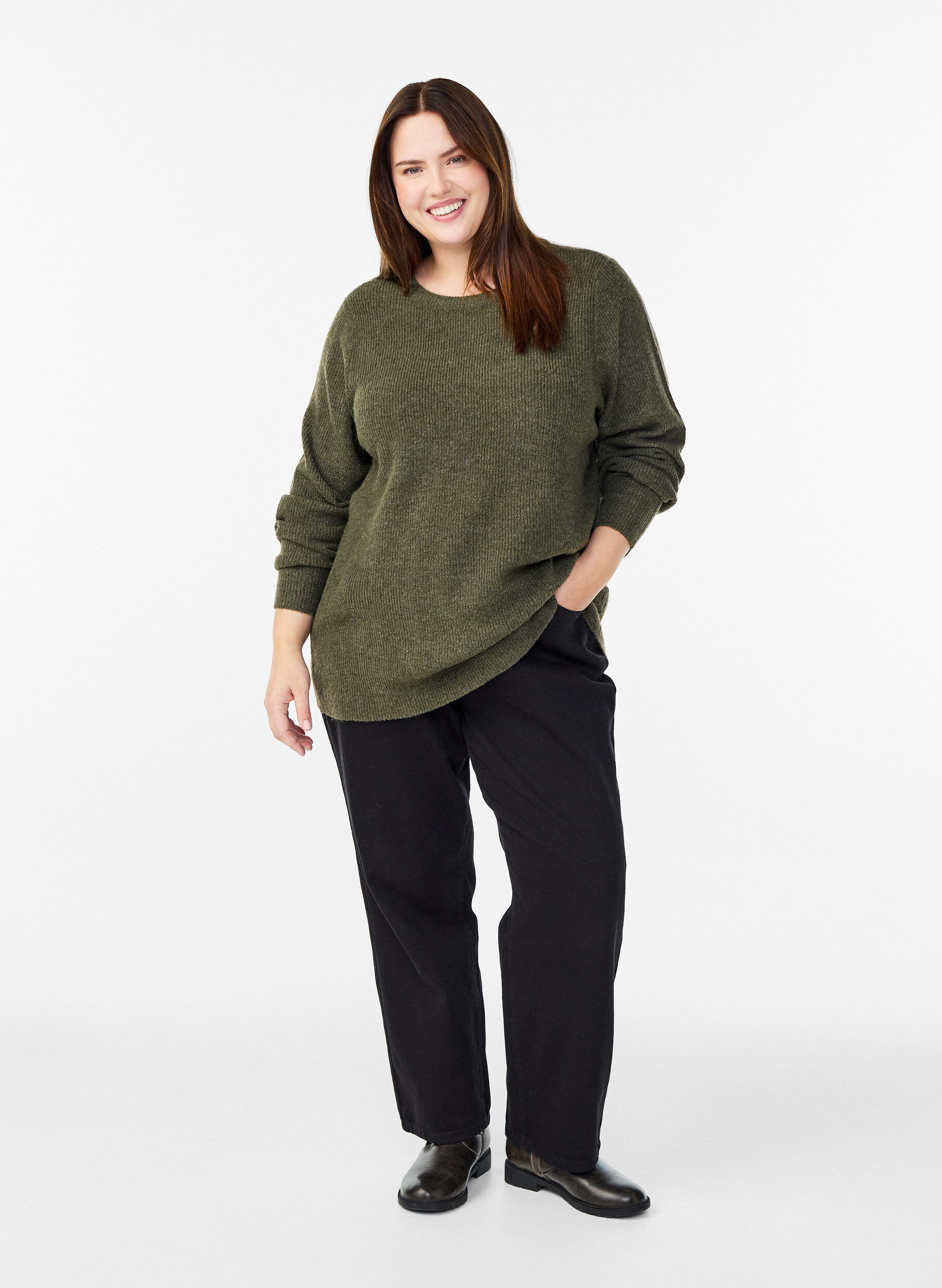 ZizziMelert strikkebluse med rund hals, Gr&oslash;nn, Model image number 1