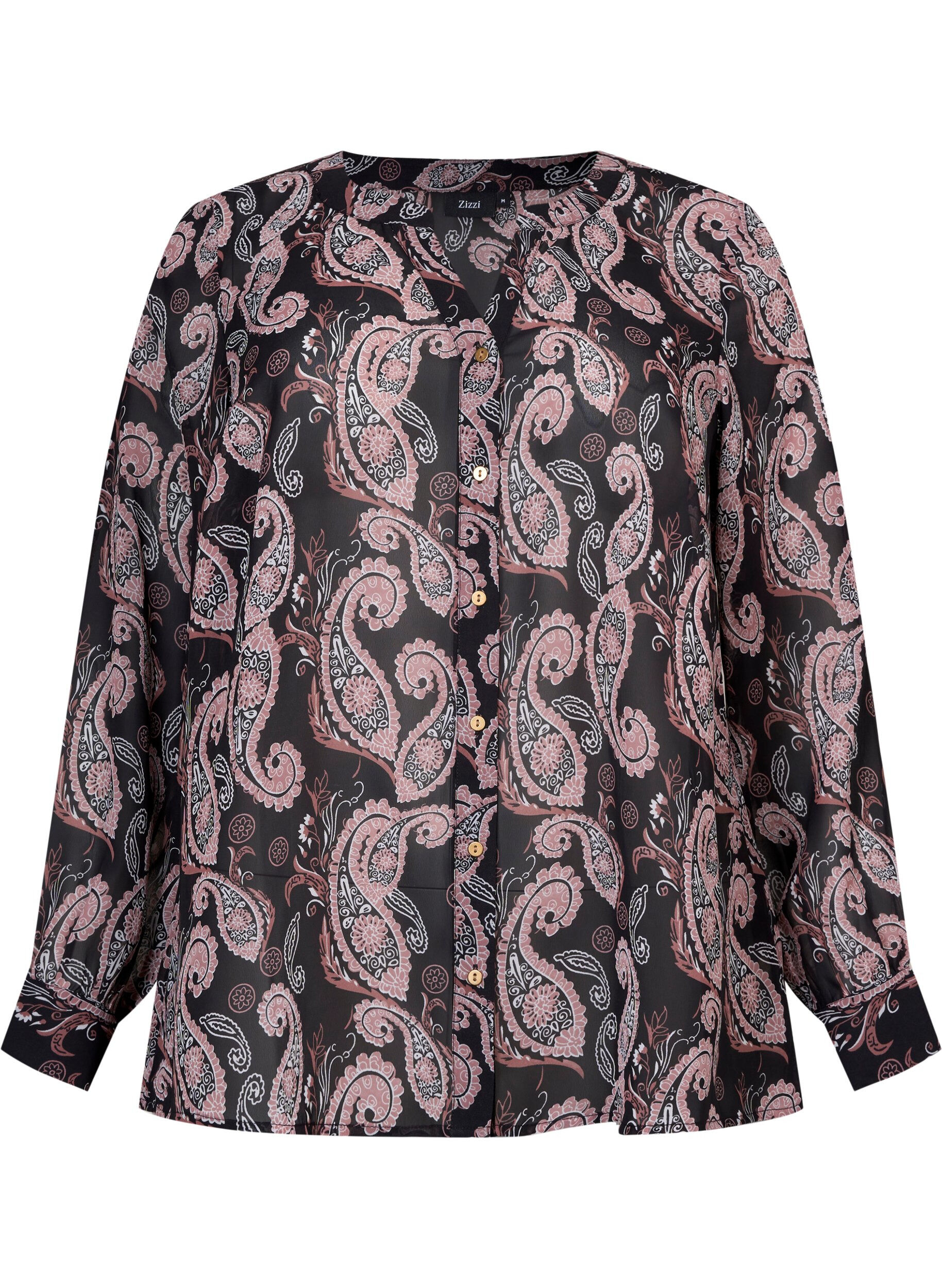 Zizzi Skjorte med V-hals og m&oslash;nster, Black/Beige Paisley, Packshot image number 0