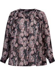 Skjorte med V-hals og mønster, Black/Beige Paisley