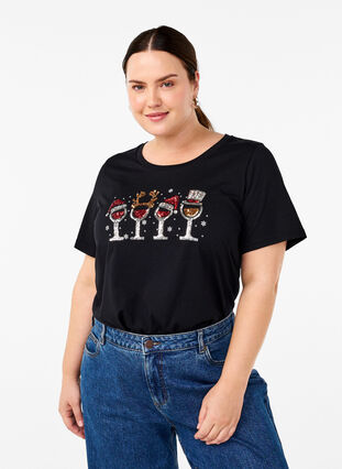 Zizzi Jule-t-skjorter i 100% bomull, Black w. Drinks, Model image number 0