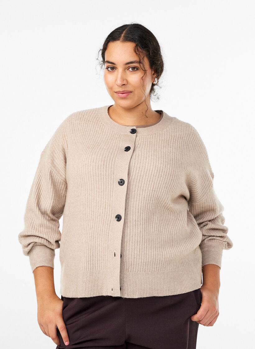 Ribbestrikket cardigan med knapper, Beige, Model image number 0