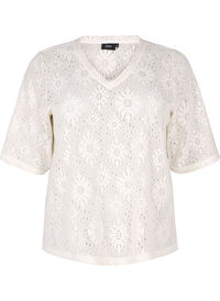 Bluse med et åpent mønster og korte ermer, Beige Bluse med et åpent mønster og korte ermer