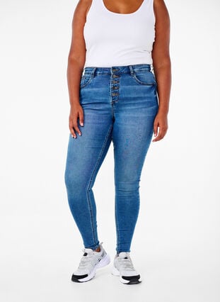 Zizzi Amy-jeans med høyt liv og knappelukking, Blue Denim, Model image number 2