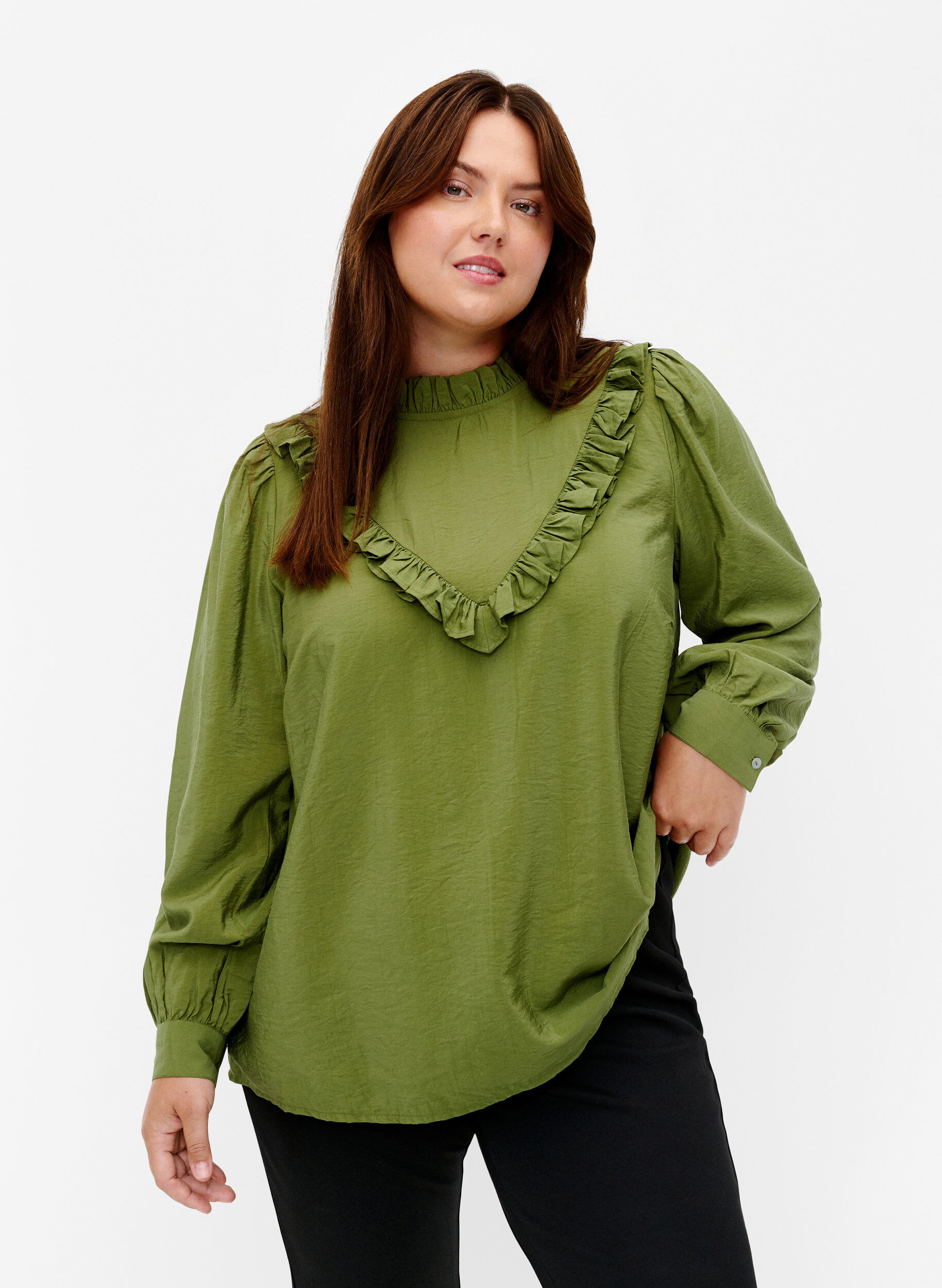 Zizzi Bluse i viskose med volanger, Loden Green, Model image number 0