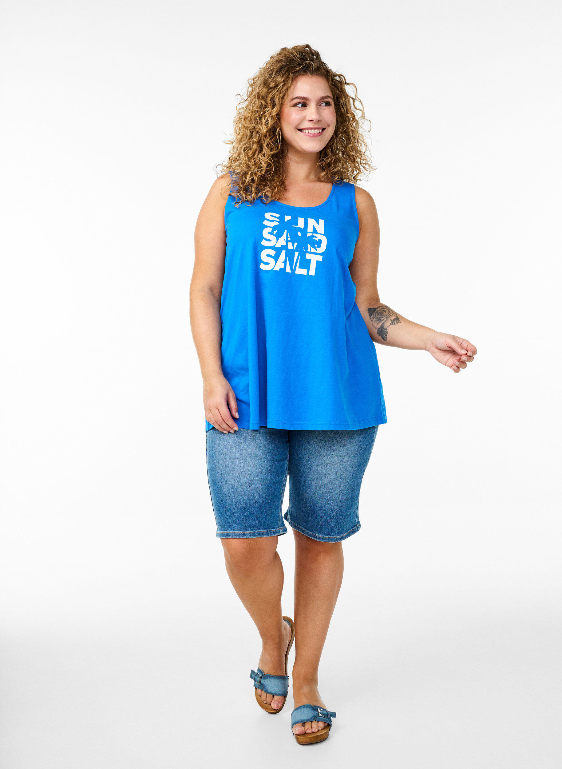 Zizzi Bomullstopp med A-form, Bl&aring;, Model image number 1