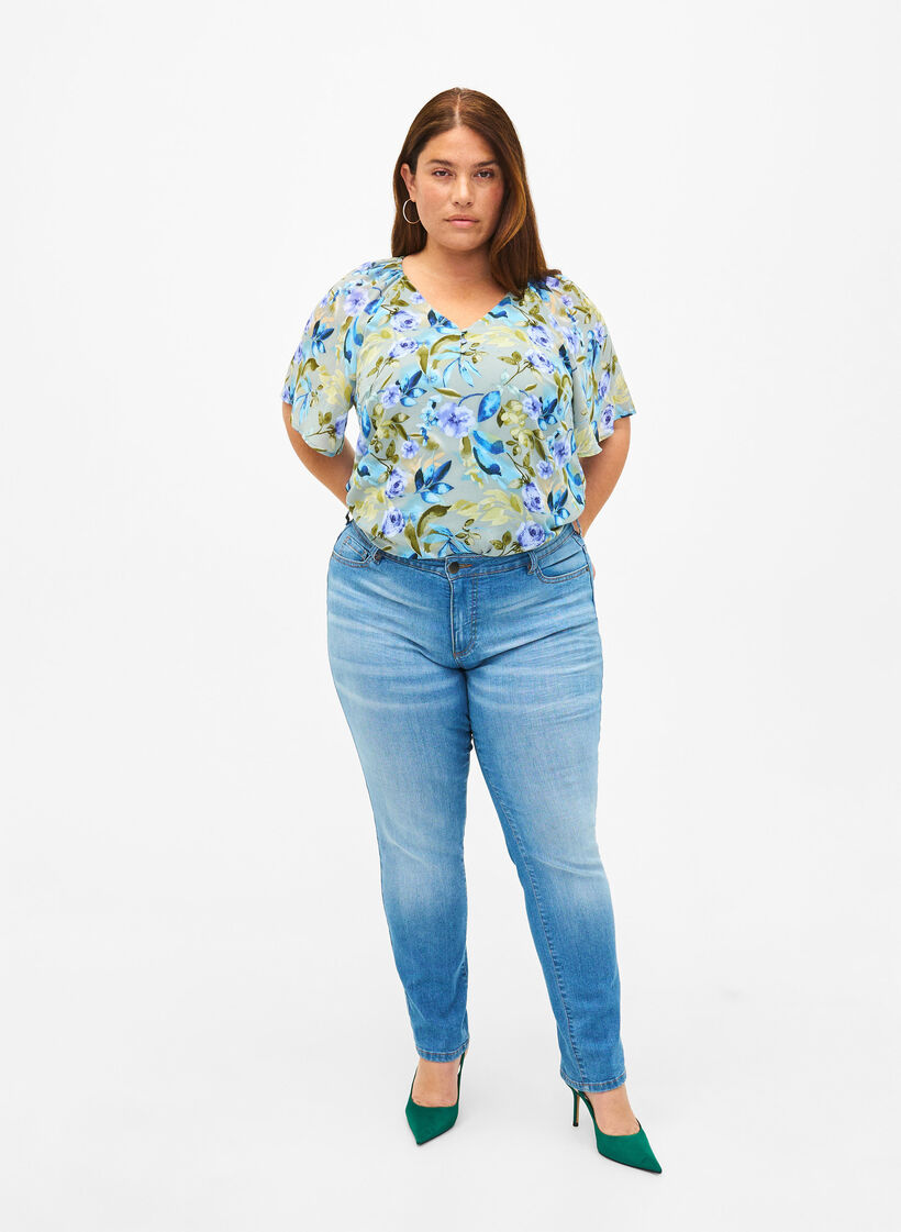 Blomstret festbluse med korte ermer, Wrought Iron AOP, Model image number 2