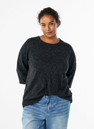 Zizzi Strikket topp med hullmønster og ballongermer, Grå, Model image number 0