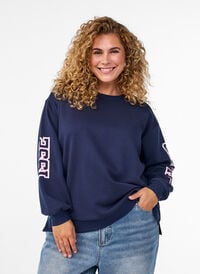 Genser med statement-trykk på ermene og ryggen, Blå Genser med statement-trykk på ermene og ryggen, Blå, Model