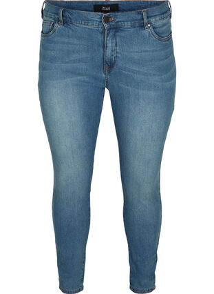 Cropped Amy jeans med høyt liv og sløyfe, Blue denim, Packshot image number 0