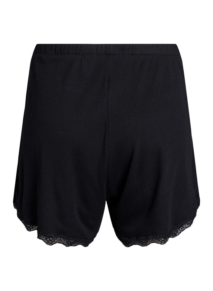 L&oslash;se nattshorts med ribbestruktur og blonderkant, Svart, Packshot image number 1