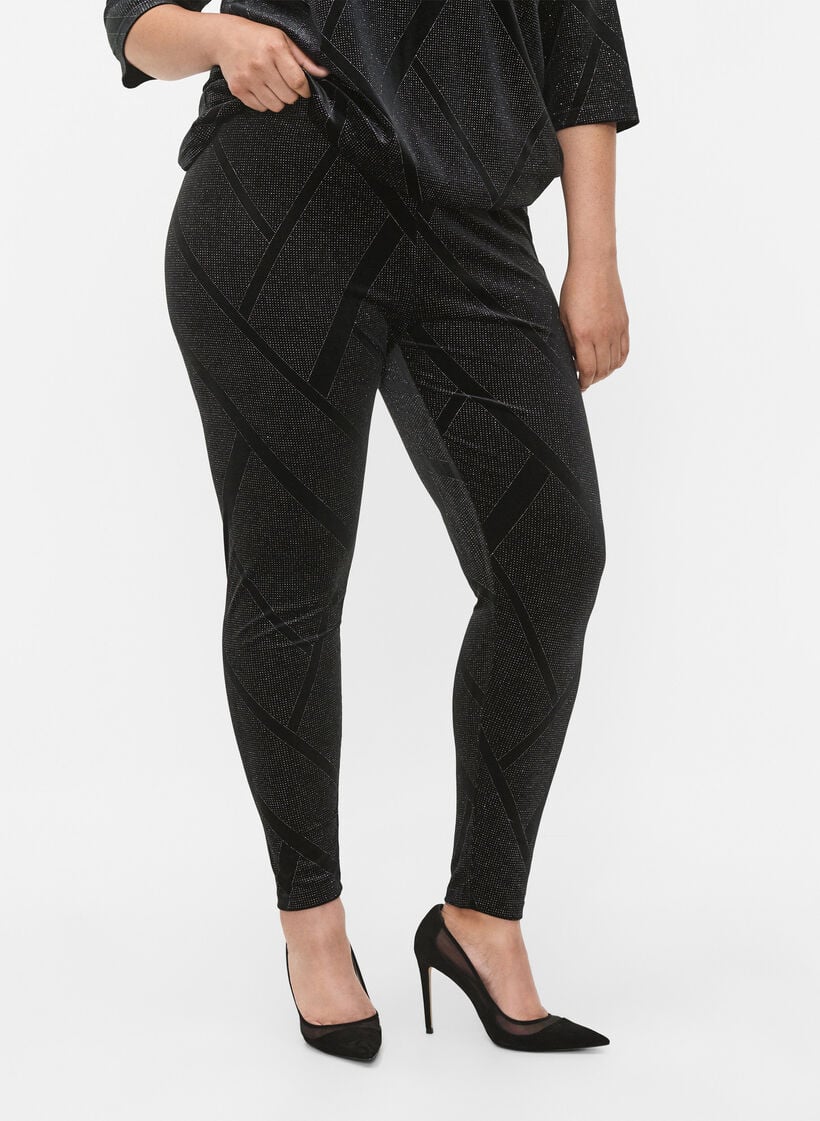 Velour leggings med glitter og m&oslash;nster, Svart, Model image number 1