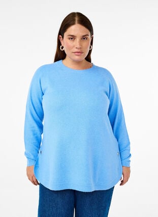 Zizzi Langstrikket bluse med knappdetalj på siden, Della R. Blue Mel., Model image number 0