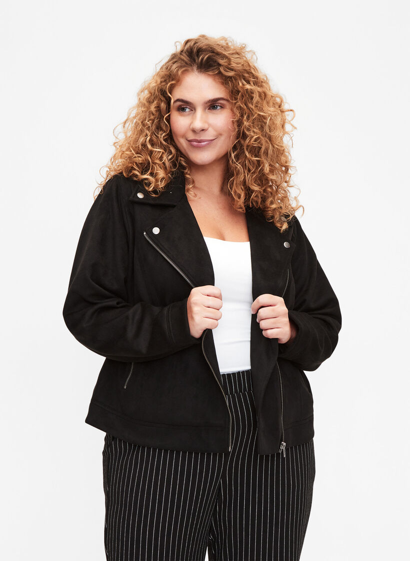 Bikerjakke i imitert semsket skinn, Black, Model image number 0
