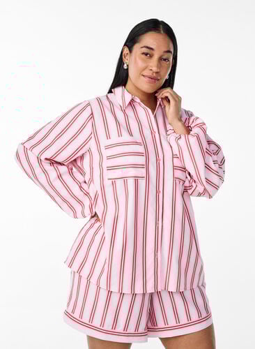 Zizzi Løs skjorte med striper og lange ermer, Rosa, Model image number 0