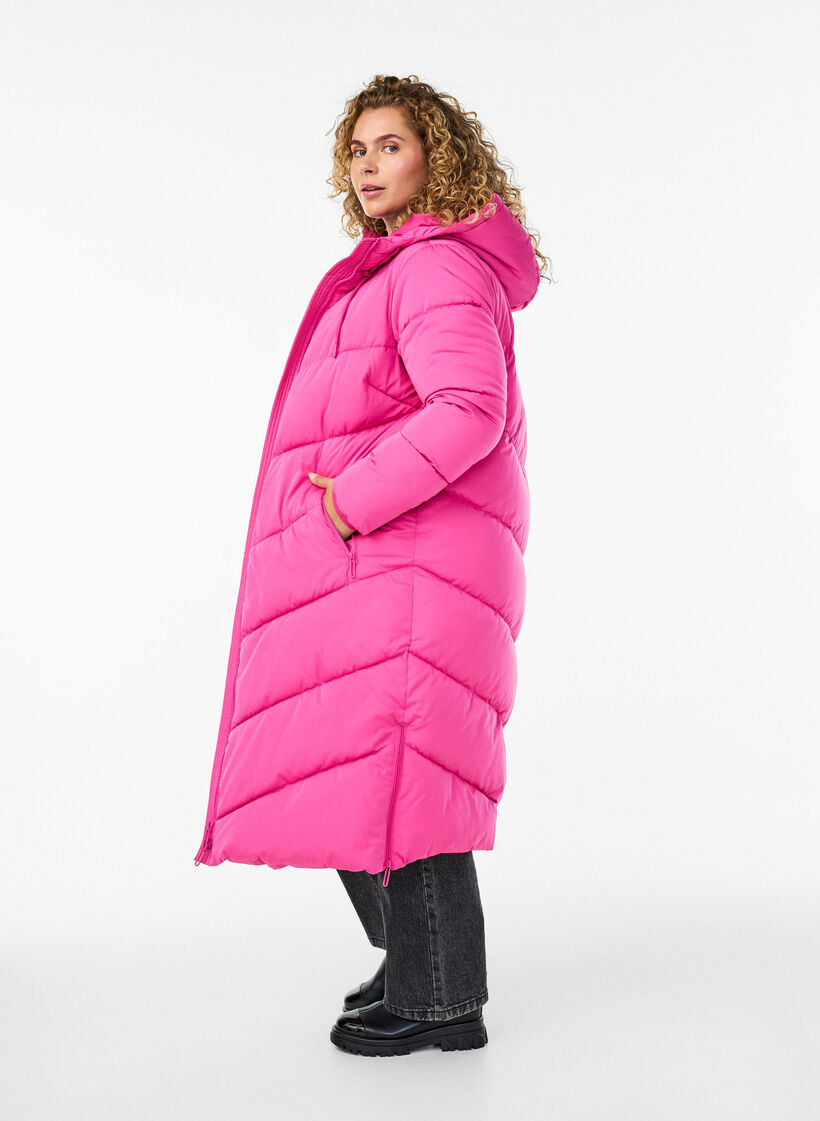 Lang pufferjakke med hette og lommer, Rosa, Model image number 2