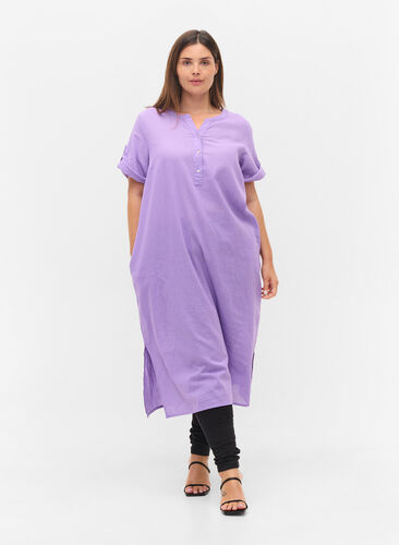 Lang skjortekjole med korte ermer, Bougainvillea, Model image number 2