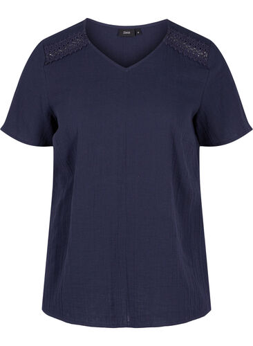 Kortermet bomullsbluse med blonder, Night Sky, Packshot image number 0