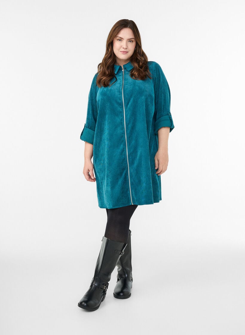 Cordkjole med glidelås og 3/4-ermer, Grønn, Model image number 1