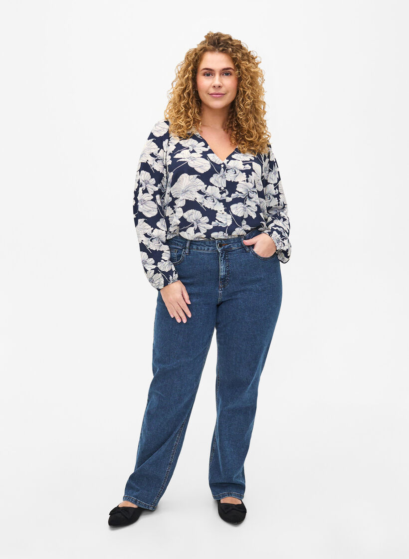 Skjortebluse med v-hals og trykk, Navy B. Flower AOP, Model image number 2