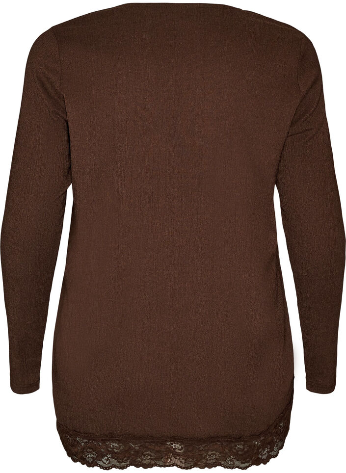Jerseybluse med asymmetrisk blondedetalj, Brun, Packshot image number 1