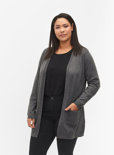 Zizzi Lang, strikket cardigan i en viskoseblanding, Grå, Model image number 0