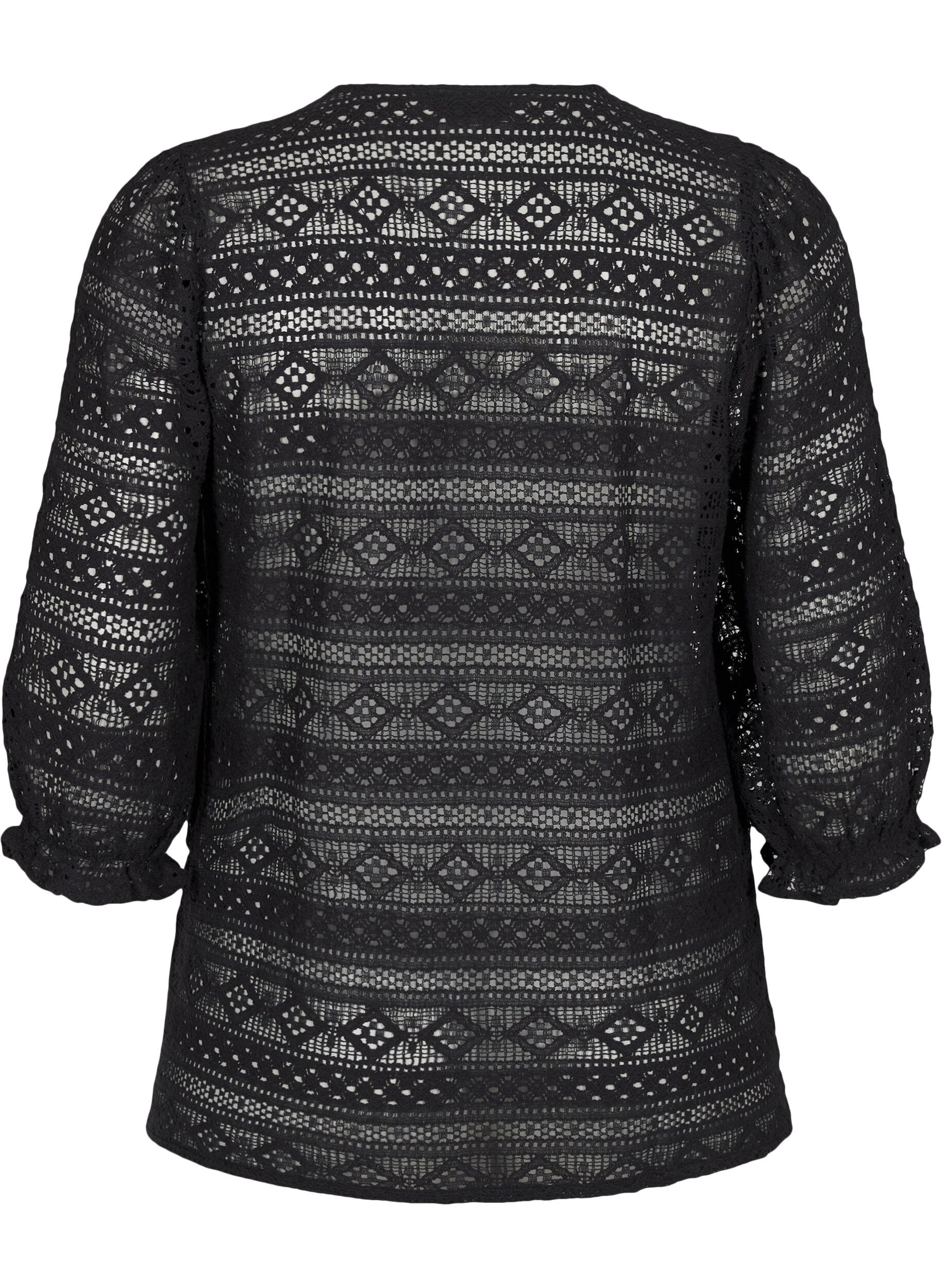 Zizzi Bluse med hullm&oslash;nster og 3/4-ermer, Svart, Packshot image number 1