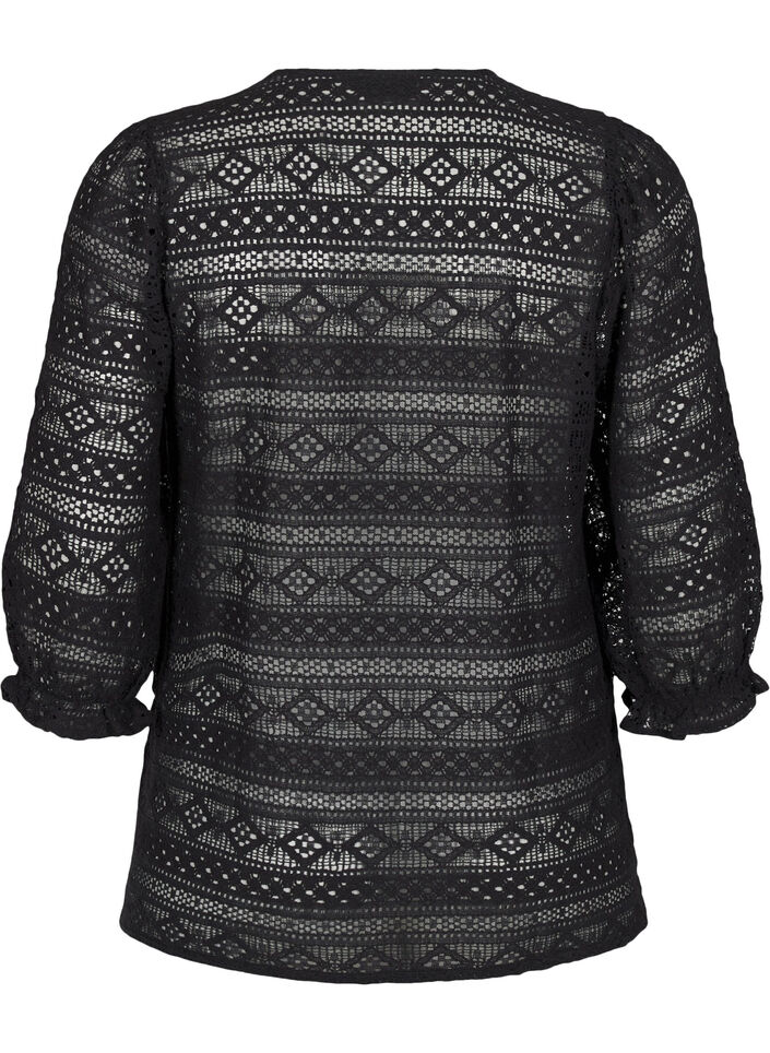 Bluse med hullmønster og 3/4-ermer, Svart, Packshot image number 1