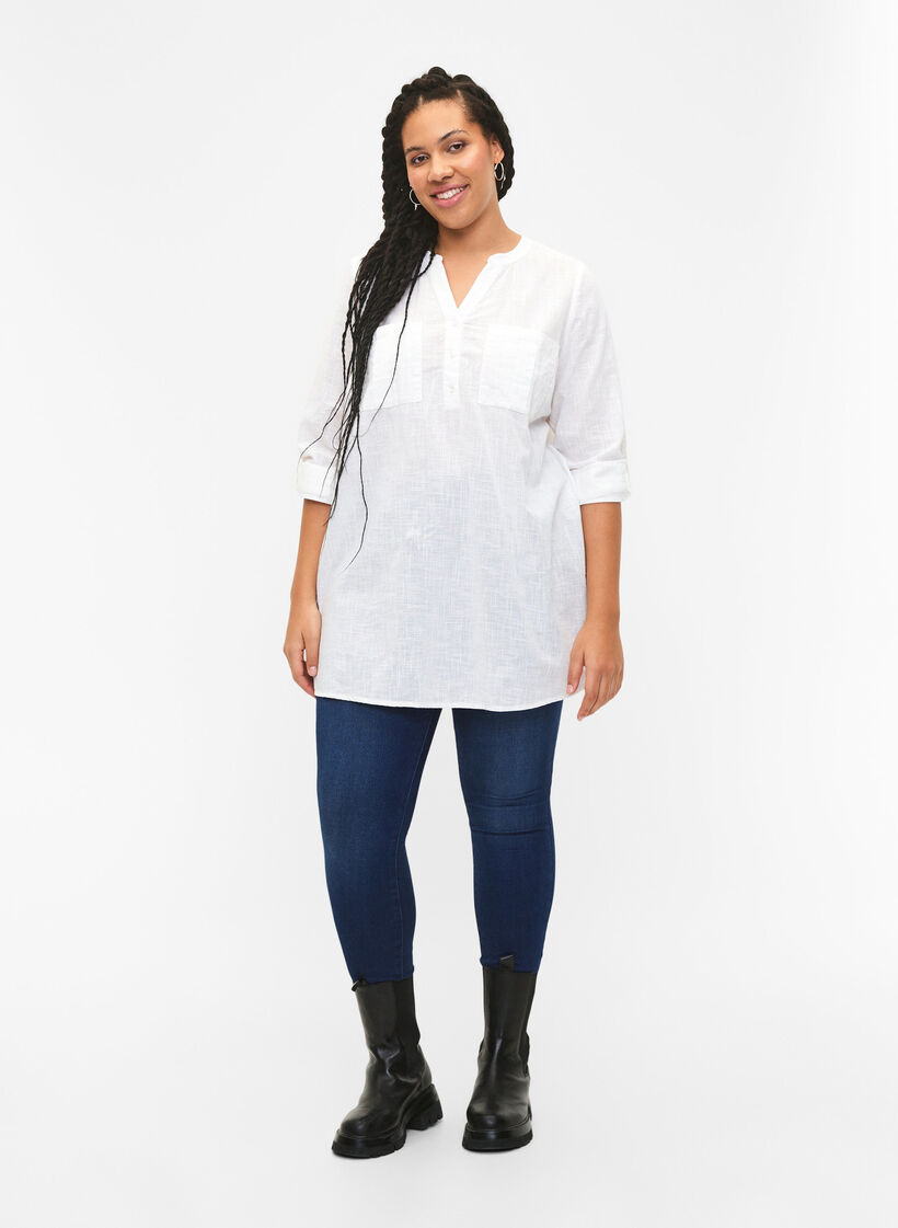 Tunika i bomull med 3/4-ermer, Bright White, Model image number 2