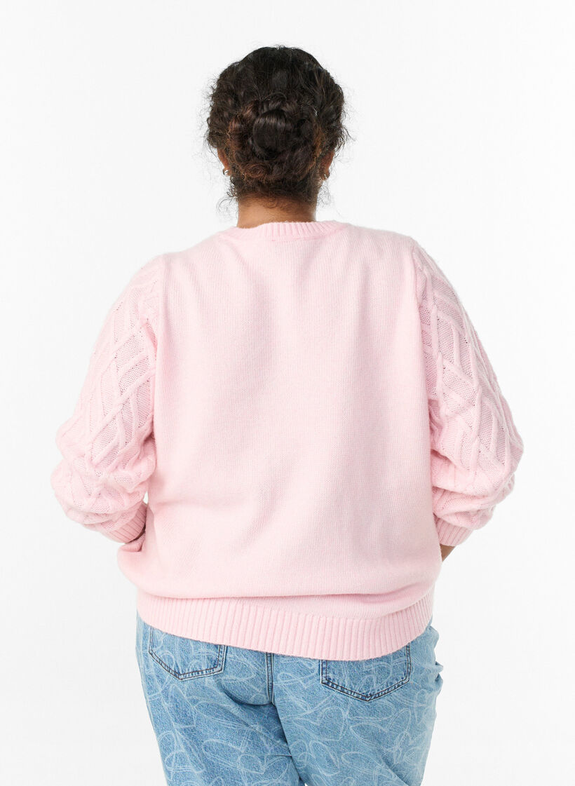 Strikkebluse med flettemønster og rund hals, Rosa, Model image number 2