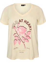 Bomull T-skjorte med fronttrykk og V-hals, Beige