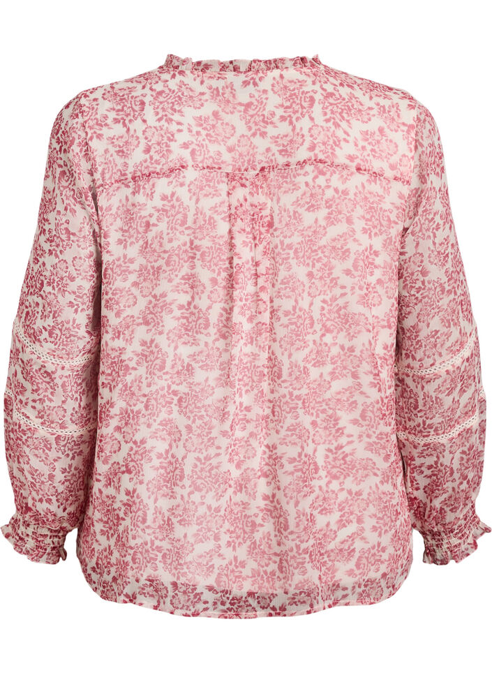 Chiffonbluse med blomstertrykk og heklekant, Rød, Packshot image number 1