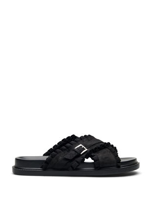 Zizzi Wide fit - Slip-on sandal med volangkanter, Svart, Packshot image number 0