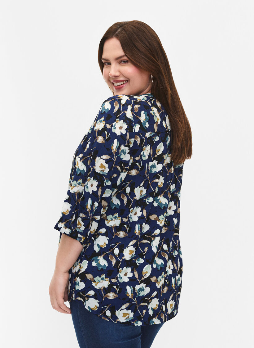 Blomstret bluse med 3/4-ermer, P. Blue Flower AOP, Model image number 1