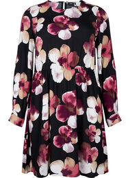 Viskosekjole med trykk og lange ermer, Black Pink FlowerAOP